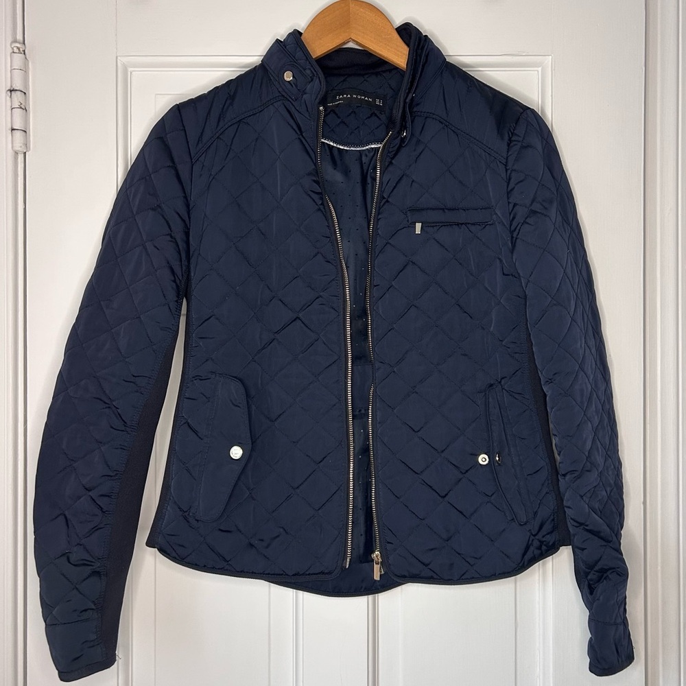 Zara Dark Blue Quilted Bomber Jacket Size M